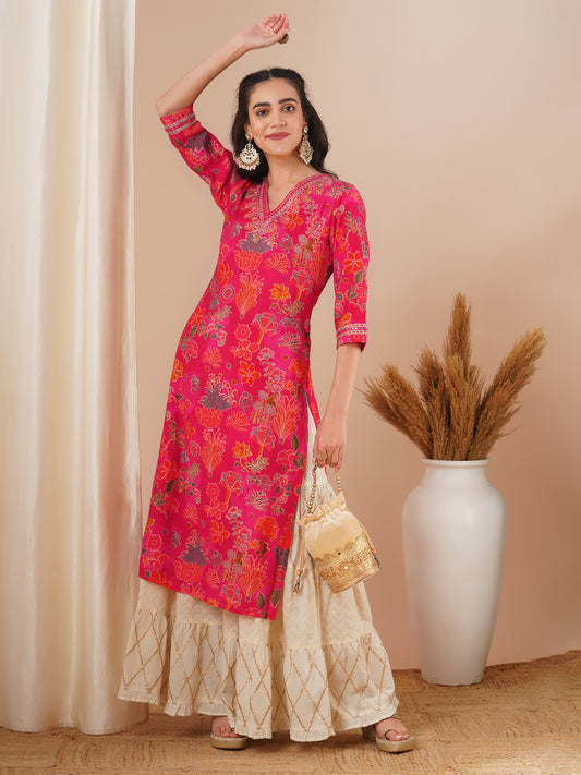 Ethnic Floral Foil Printed & Embroidered Straight Fit Kurta - Pink