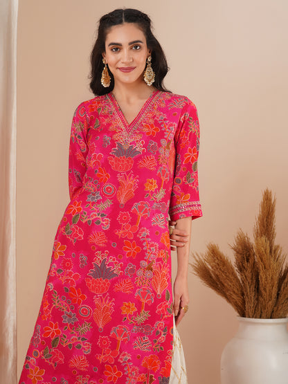 Ethnic Floral Foil Printed & Embroidered Straight Fit Kurta - Pink