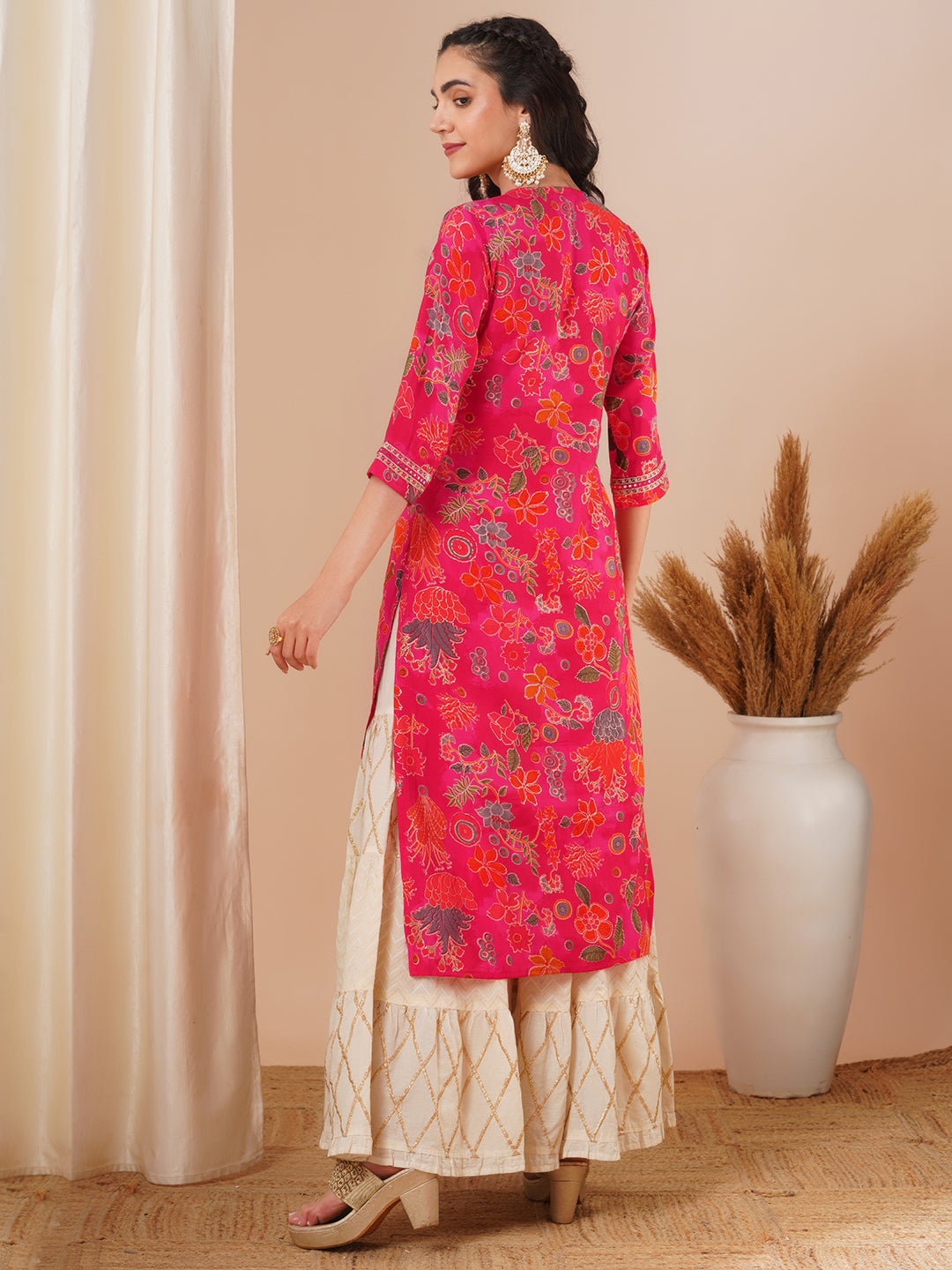 Ethnic Floral Foil Printed & Embroidered Straight Fit Kurta - Pink