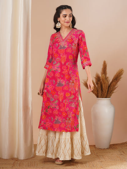 Ethnic Floral Foil Printed & Embroidered Straight Fit Kurta - Pink