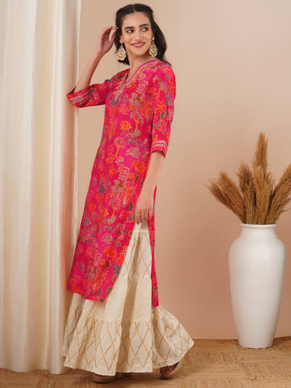 Ethnic Floral Foil Printed & Embroidered Straight Fit Kurta - Pink