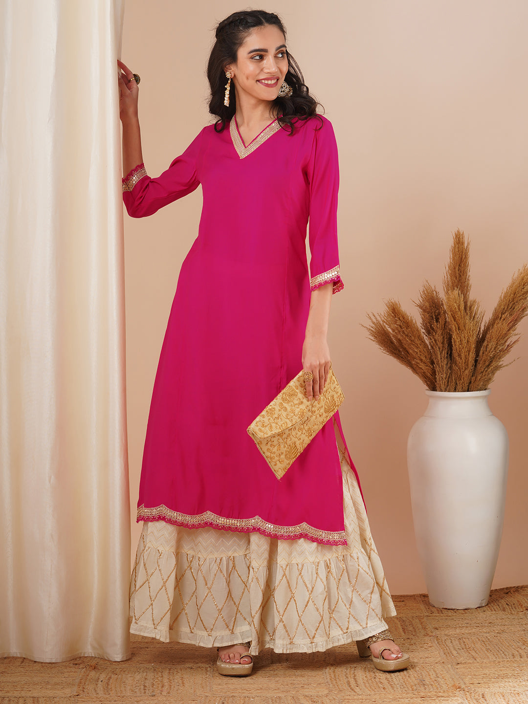 Solid Sequin Embroidered Straight Fit Kurta - Pink