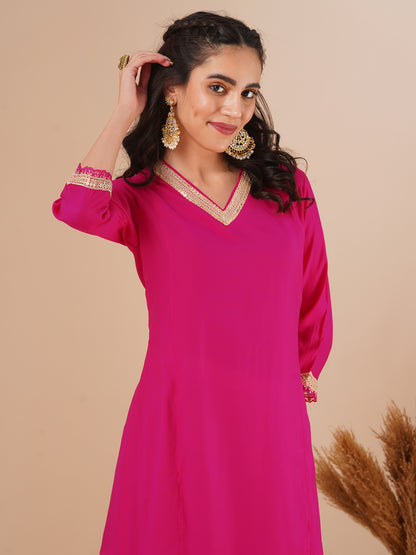 Solid Sequin Embroidered Straight Fit Kurta - Pink