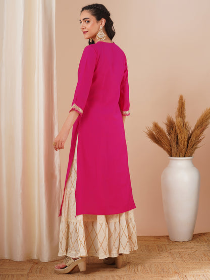 Solid Sequin Embroidered Straight Fit Kurta - Pink