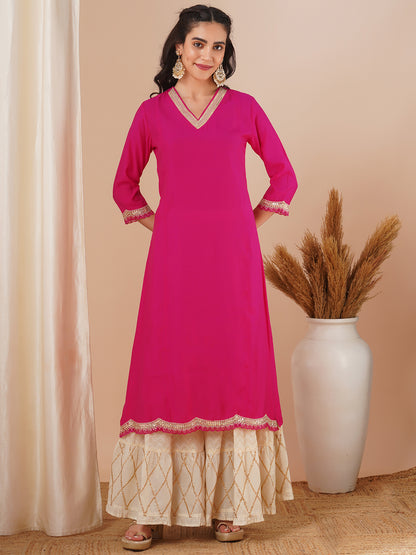 Solid Sequin Embroidered Straight Fit Kurta - Pink