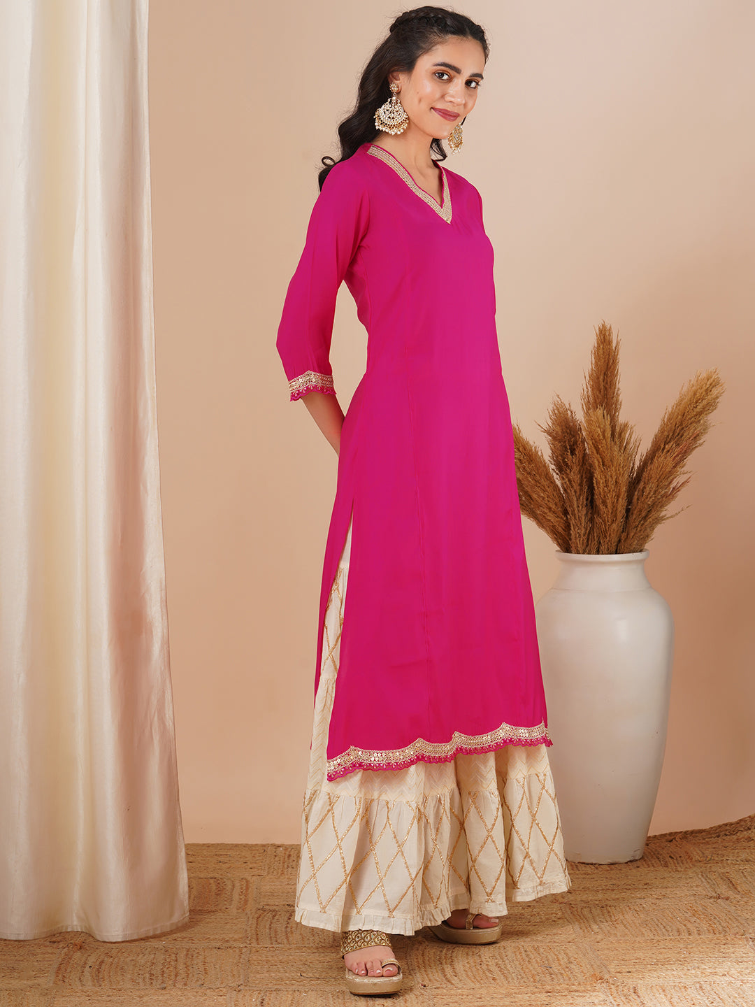 Solid Sequin Embroidered Straight Fit Kurta - Pink