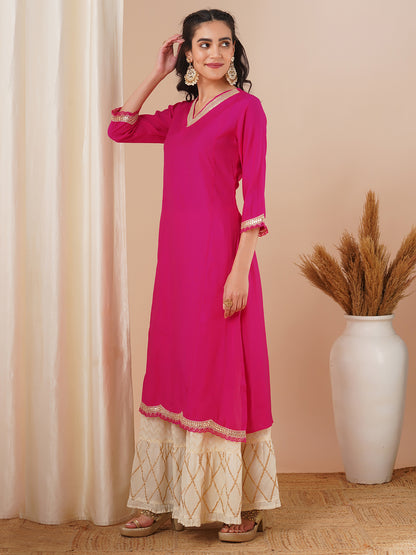 Solid Sequin Embroidered Straight Fit Kurta - Pink