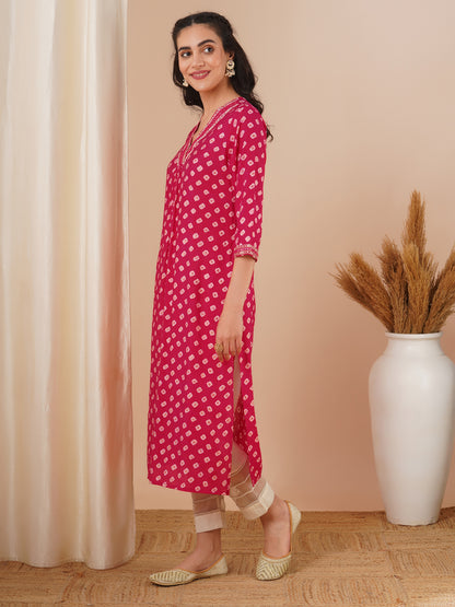 Ethnic Bandhani Foil Printed & Embroidered Straight Fit Kurta - Pink