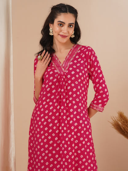 Ethnic Bandhani Foil Printed & Embroidered Straight Fit Kurta - Pink