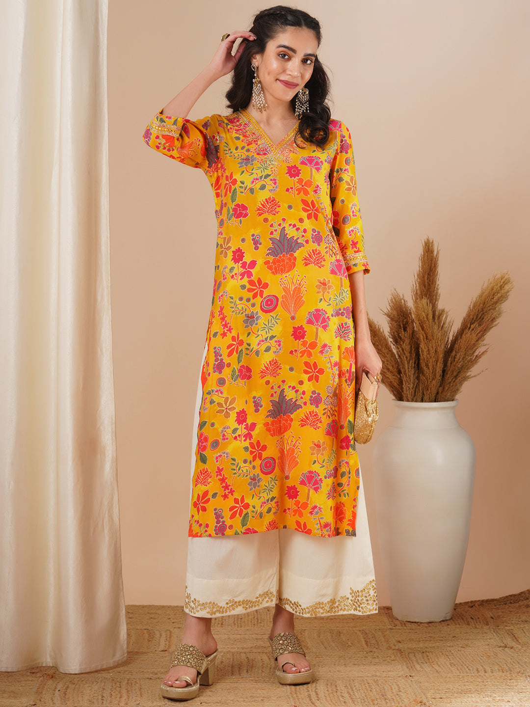 Ethnic Floral Foil Printed & Embroidered Straight Fit Kurta - Yellow