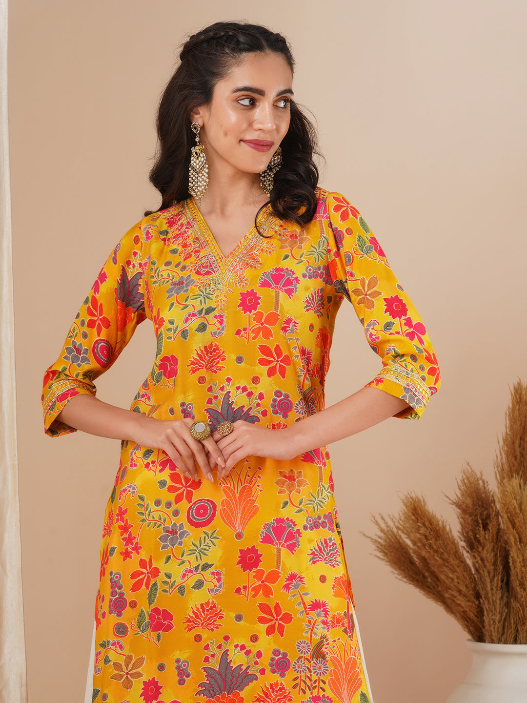 Ethnic Floral Foil Printed & Embroidered Straight Fit Kurta - Yellow