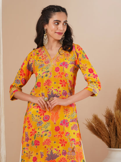 Ethnic Floral Foil Printed & Embroidered Straight Fit Kurta - Yellow