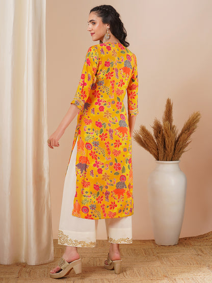 Ethnic Floral Foil Printed & Embroidered Straight Fit Kurta - Yellow