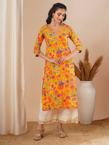 Ethnic Floral Foil Printed & Embroidered Straight Fit Kurta - Yellow