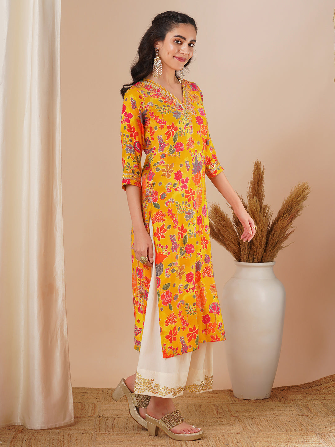 Ethnic Floral Foil Printed & Embroidered Straight Fit Kurta - Yellow