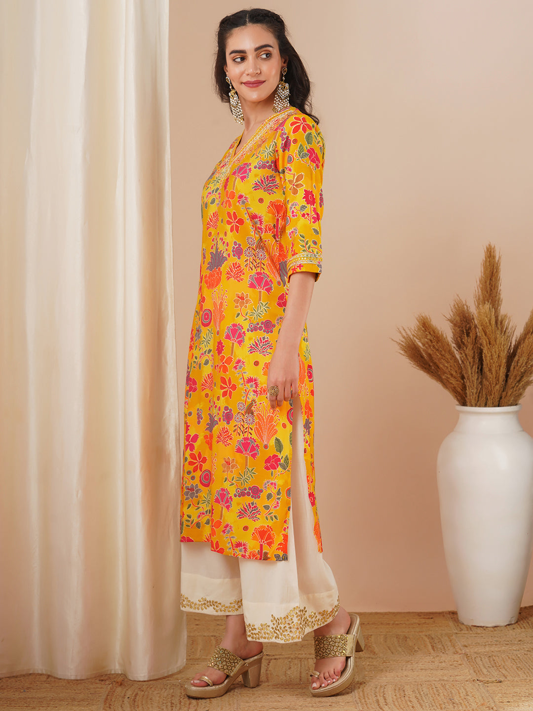 Ethnic Floral Foil Printed & Embroidered Straight Fit Kurta - Yellow