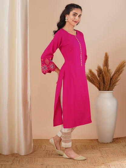 Solid Ethnic Embroidered Straight Fit Kurta - Pink