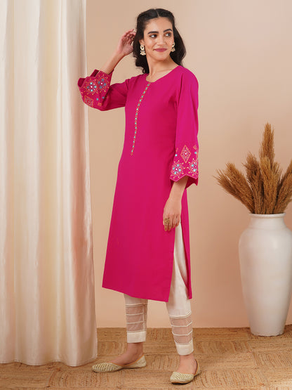 Solid Ethnic Embroidered Straight Fit Kurta - Pink