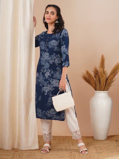 Floral Printed Straight Fit Kurta - Blue