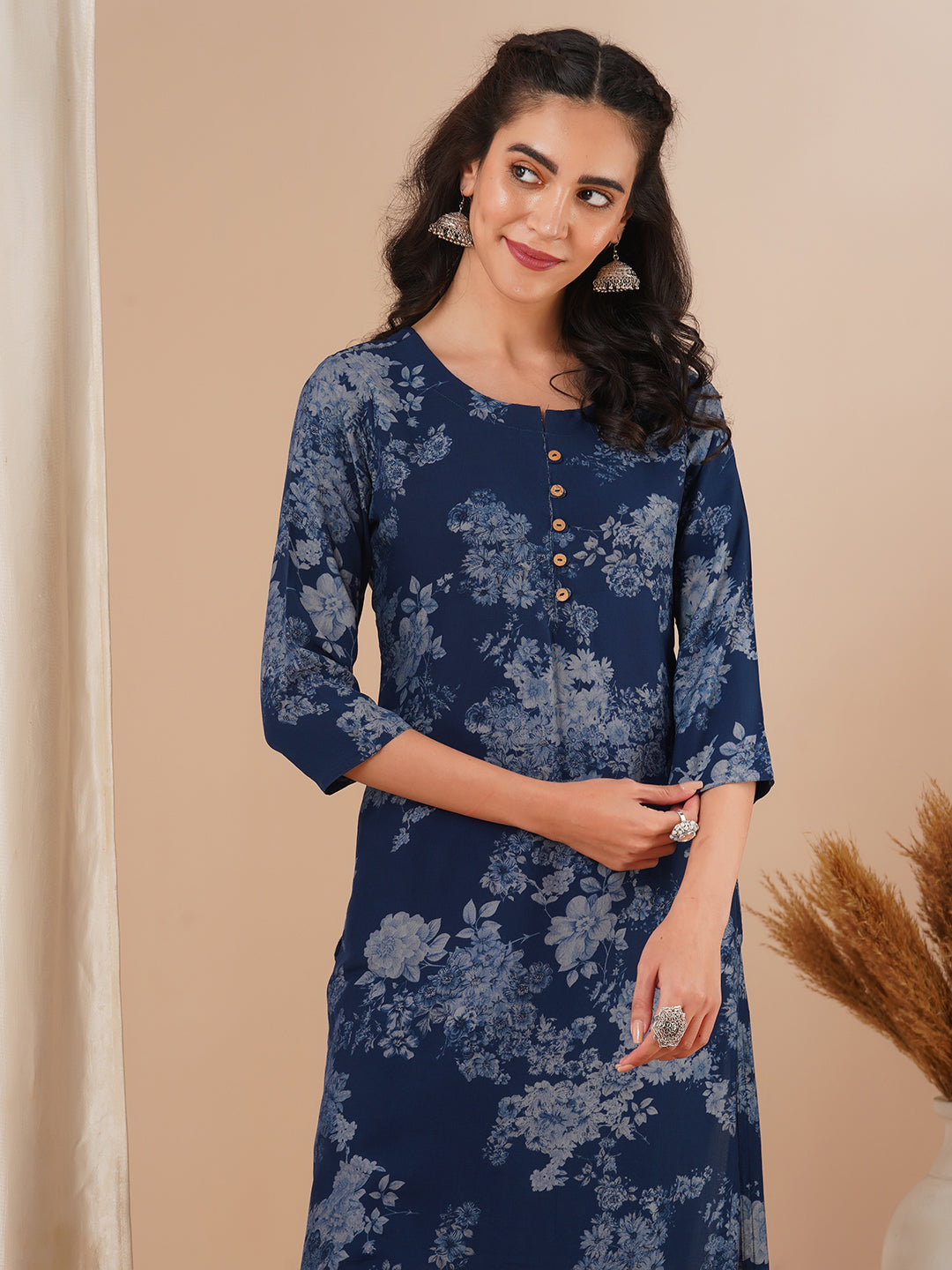 Floral Printed Straight Fit Kurta - Blue