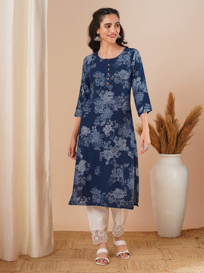 Floral Printed Straight Fit Kurta - Blue