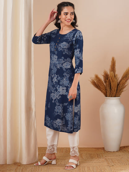 Floral Printed Straight Fit Kurta - Blue