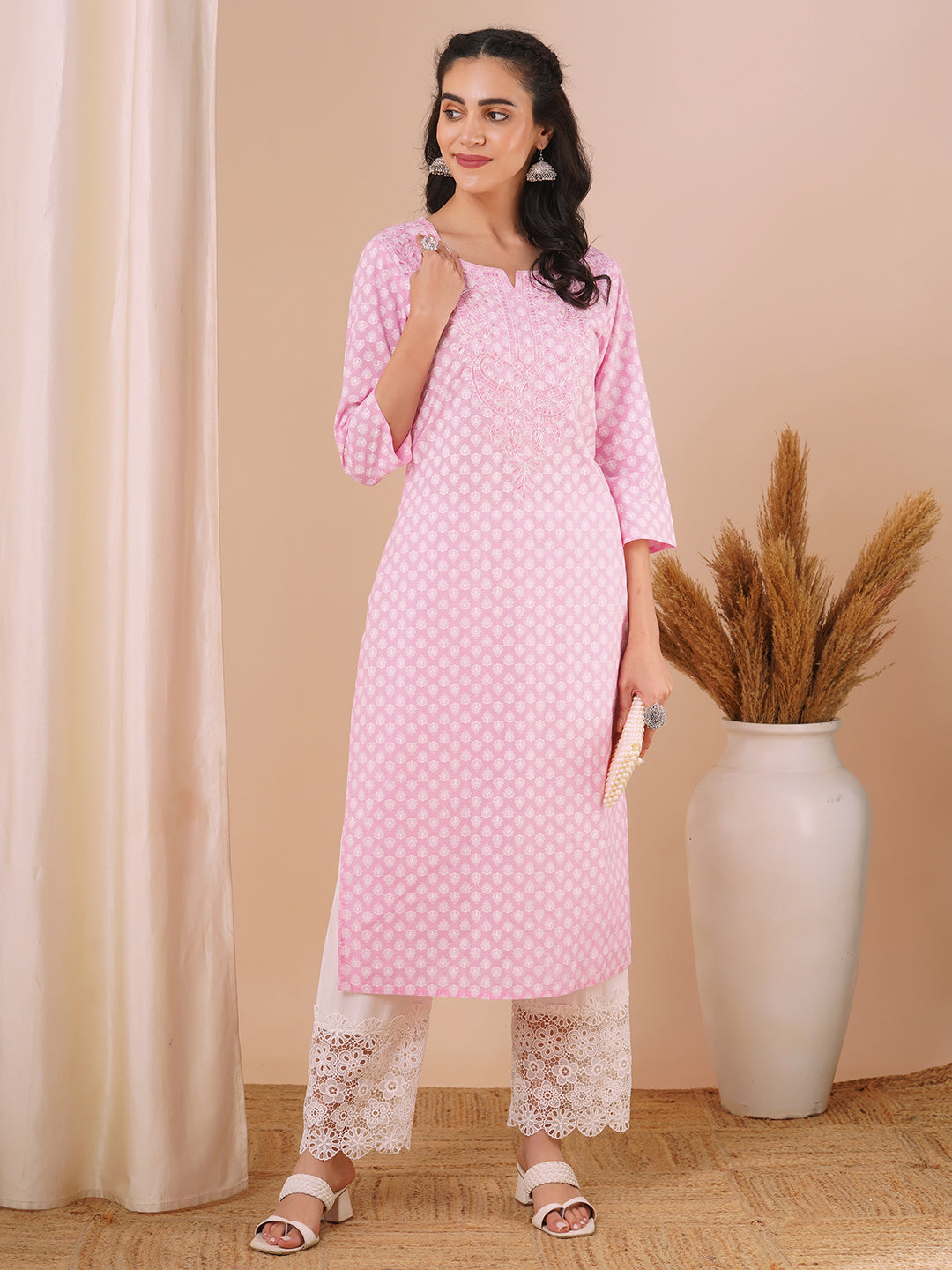 Ethnic Printed & Embroidered Straight Fit Kurta - Pink