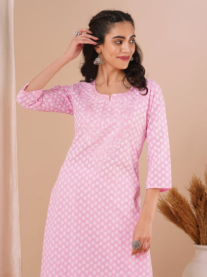 Ethnic Printed & Embroidered Straight Fit Kurta - Pink