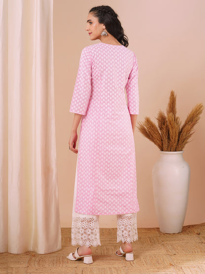 Ethnic Printed & Embroidered Straight Fit Kurta - Pink