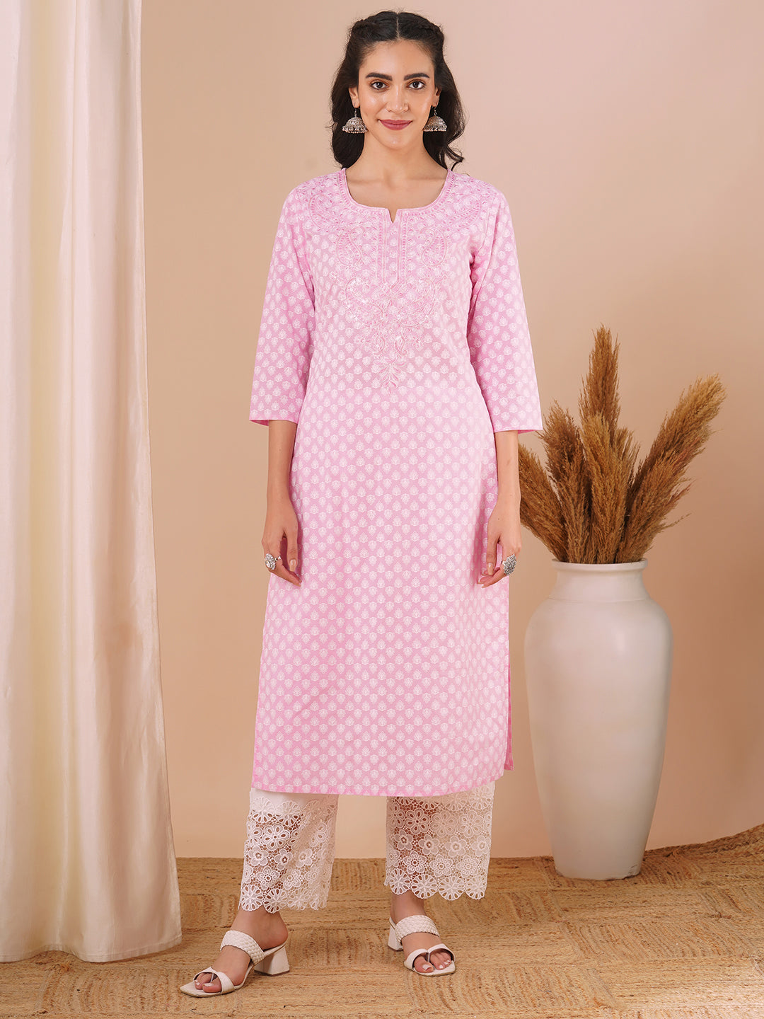 Ethnic Printed & Embroidered Straight Fit Kurta - Pink