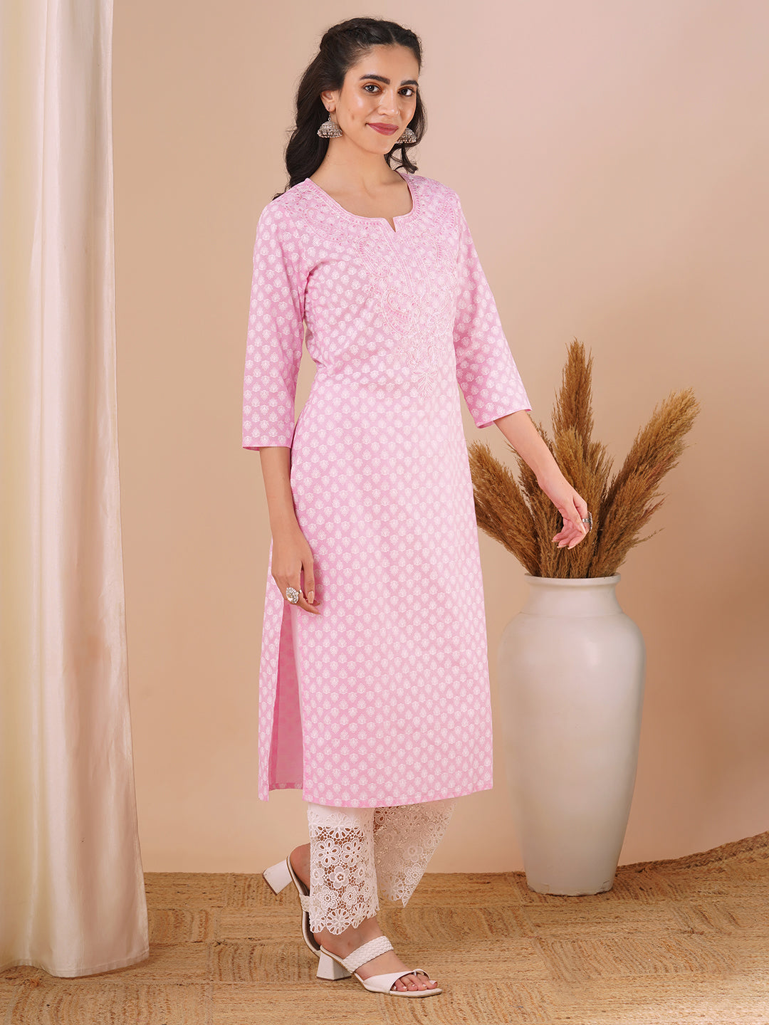 Ethnic Printed & Embroidered Straight Fit Kurta - Pink