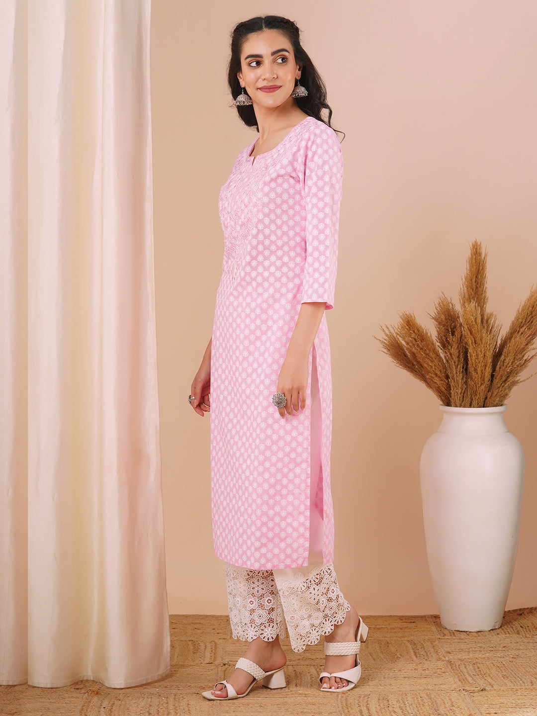 Ethnic Printed & Embroidered Straight Fit Kurta - Pink