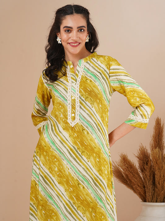 Ethnic Stripes Printed Straight Fit Kurta - Mustard