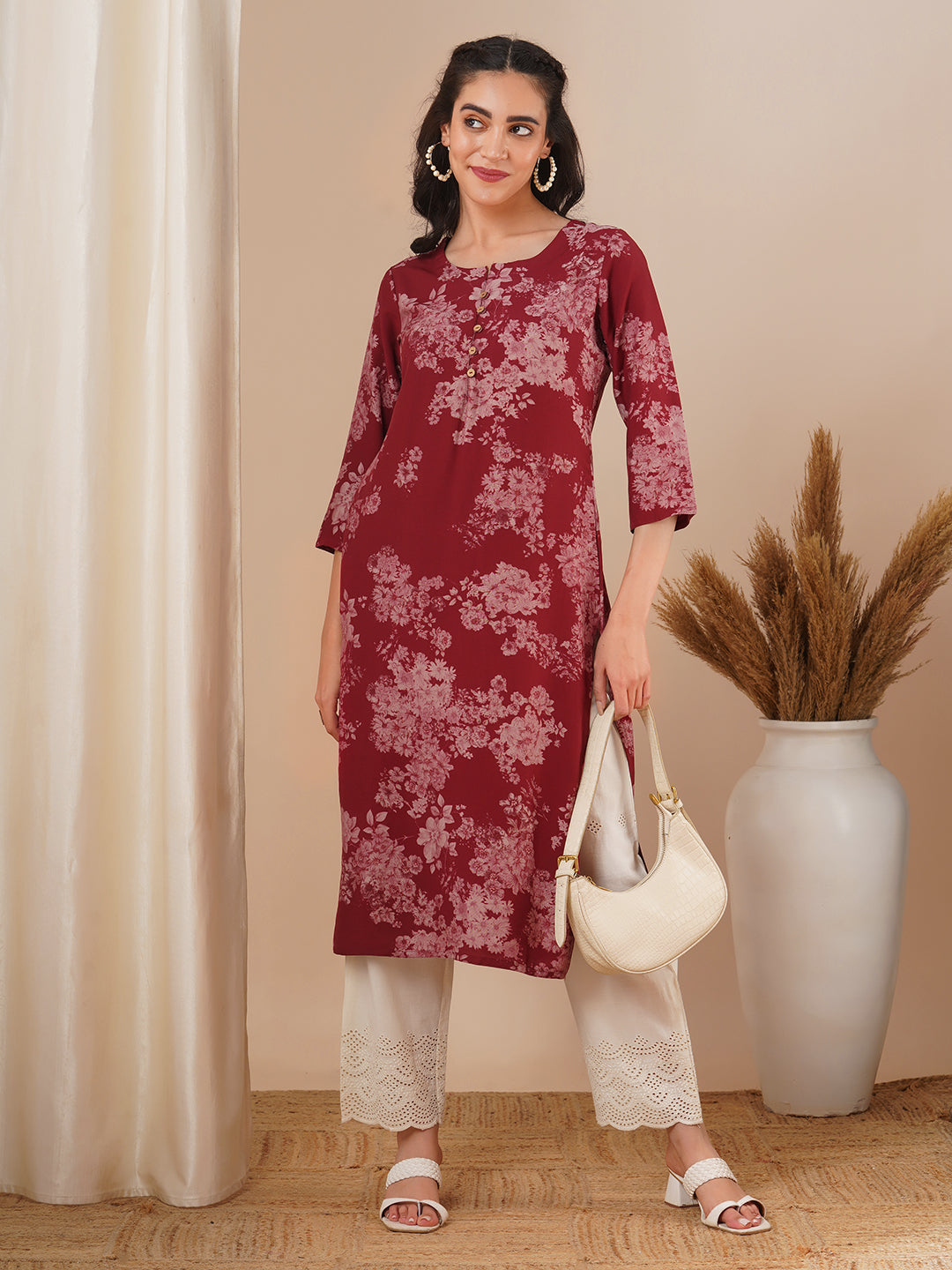 Floral Printed Straight Fit Kurta - Maroon