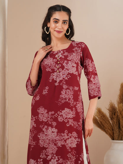 Floral Printed Straight Fit Kurta - Maroon