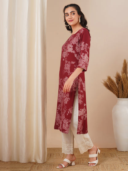 Floral Printed Straight Fit Kurta - Maroon