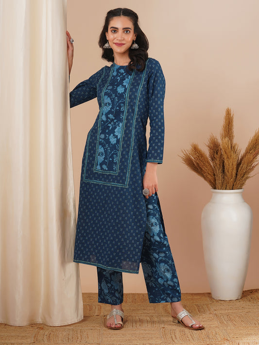 Ethnic Floral Printed Straight Fit Kurta with Pant - Blue