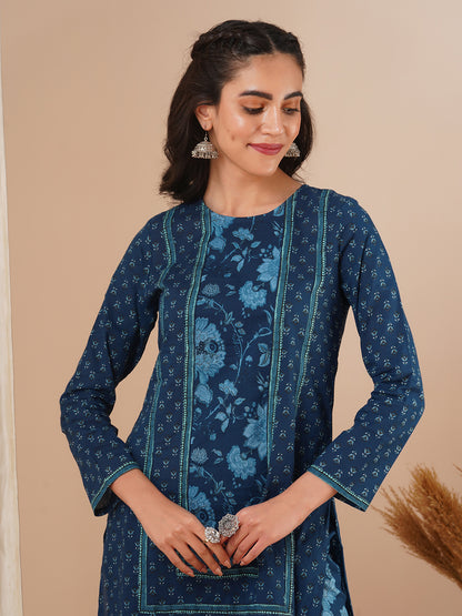 Ethnic Floral Printed Straight Fit Kurta with Pant - Blue