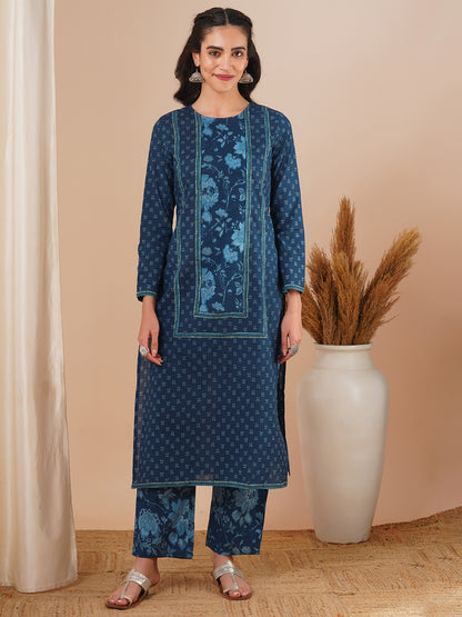 Ethnic Floral Printed Straight Fit Kurta with Pant - Blue