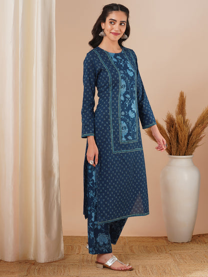 Ethnic Floral Printed Straight Fit Kurta with Pant - Blue