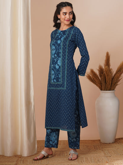 Ethnic Floral Printed Straight Fit Kurta with Pant - Blue