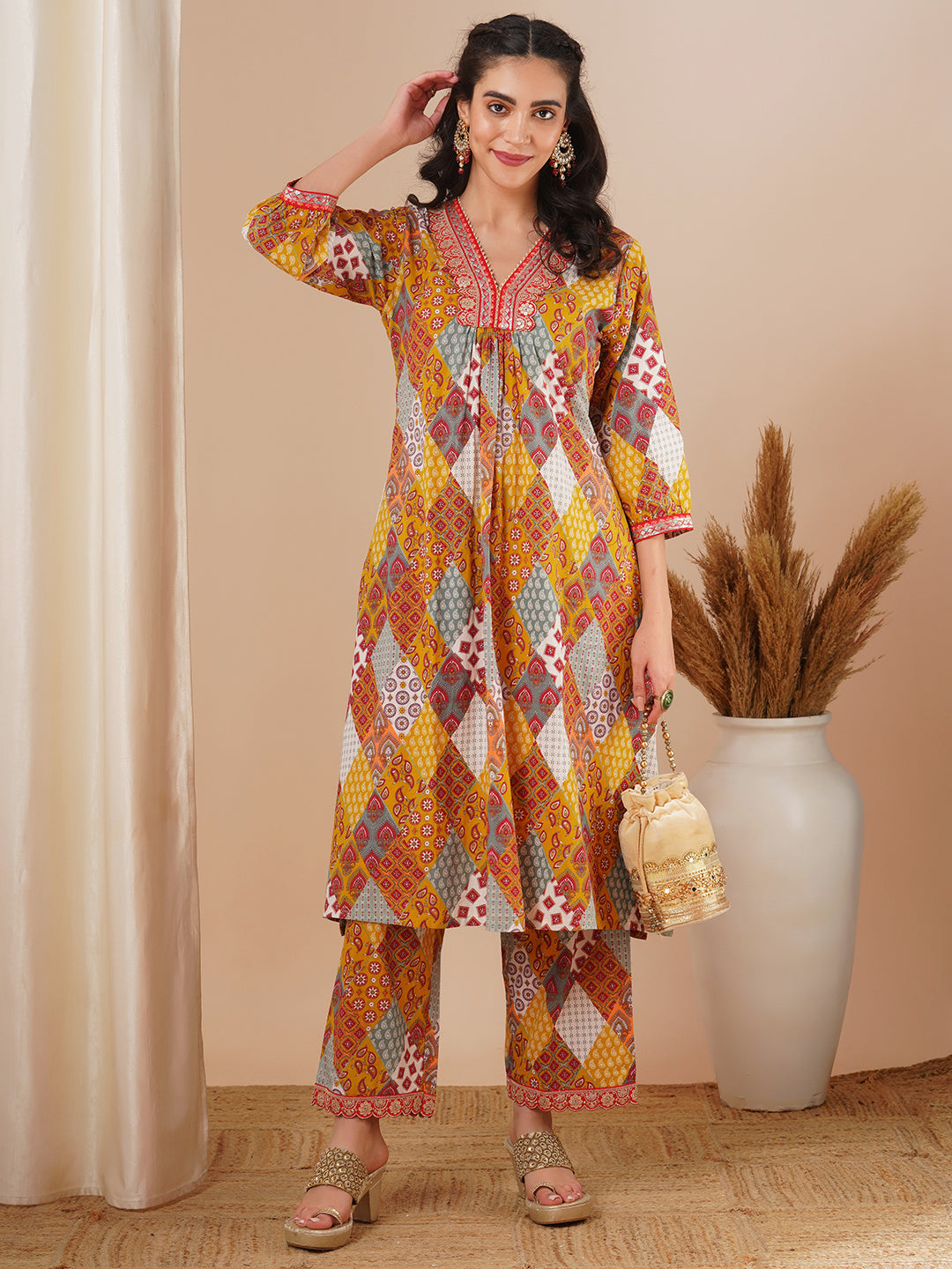 Ethnic Printed & Embroidered A-Line Pleated Co-ord Set - Multi