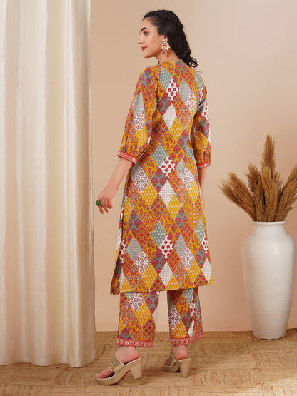 Ethnic Printed & Embroidered A-Line Pleated Co-ord Set - Multi