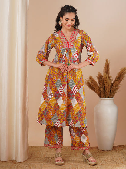 Ethnic Printed & Embroidered A-Line Pleated Co-ord Set - Multi