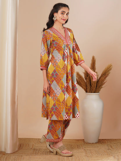 Ethnic Printed & Embroidered A-Line Pleated Co-ord Set - Multi