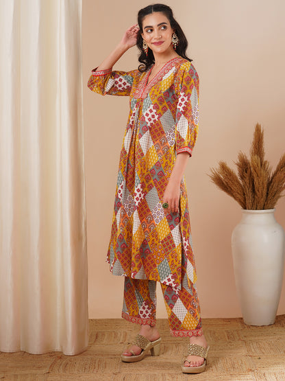 Ethnic Printed & Embroidered A-Line Pleated Co-ord Set - Multi