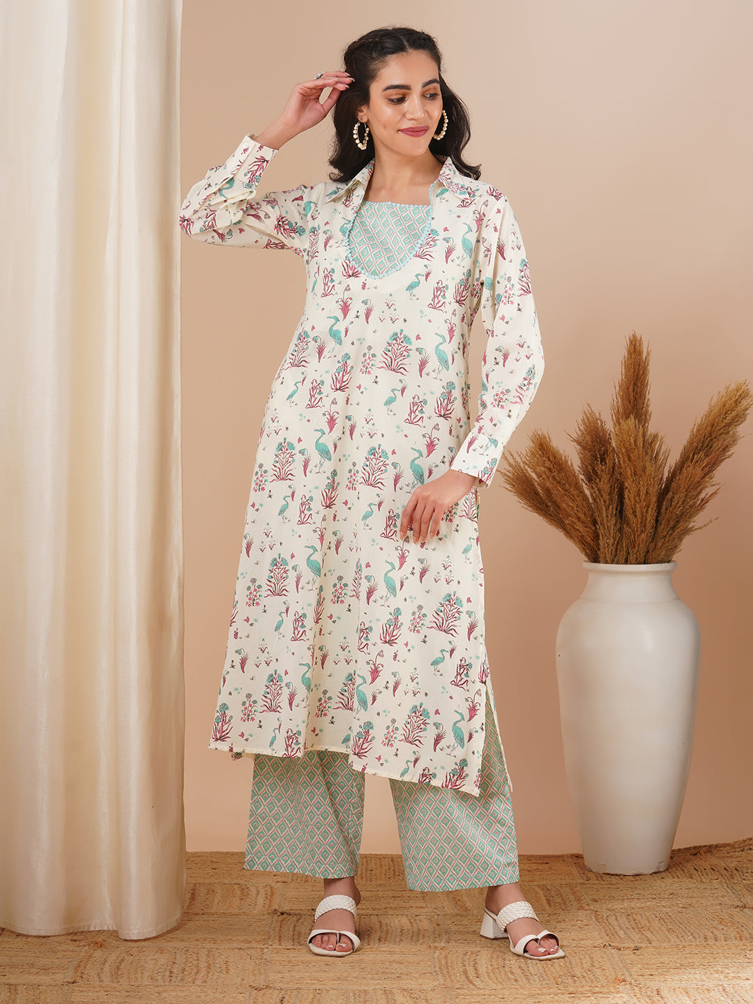 Tropical Floral Printed A-Line Kurta with Crop Top & Palazzo - Off White