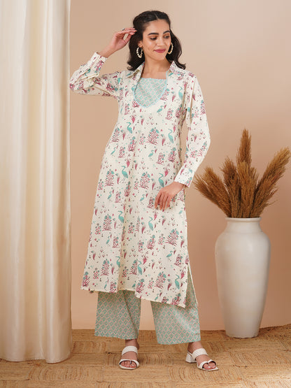 Tropical Floral Printed A-Line Kurta with Crop Top & Palazzo - Off White