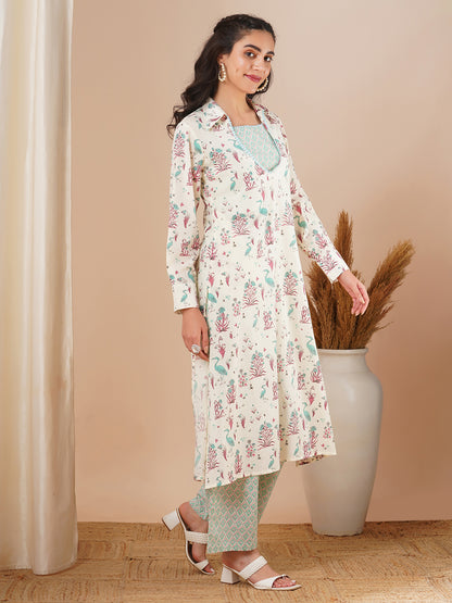 Tropical Floral Printed A-Line Kurta with Crop Top & Palazzo - Off White