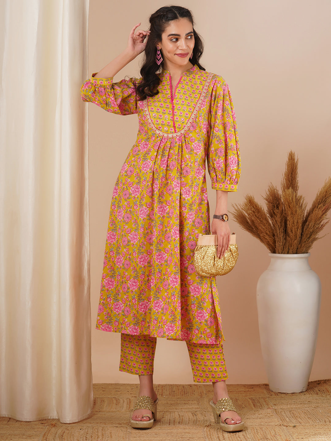 Ethnic Floral Printed A-Line Pleated Kurta with Pant - Yellow